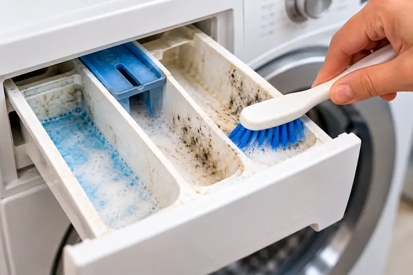Scrubbing a Grimy Washing Machine Drawer