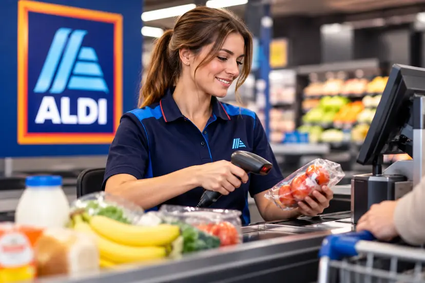 Smiling ALDI Cashier Scanning Fresh Produce
