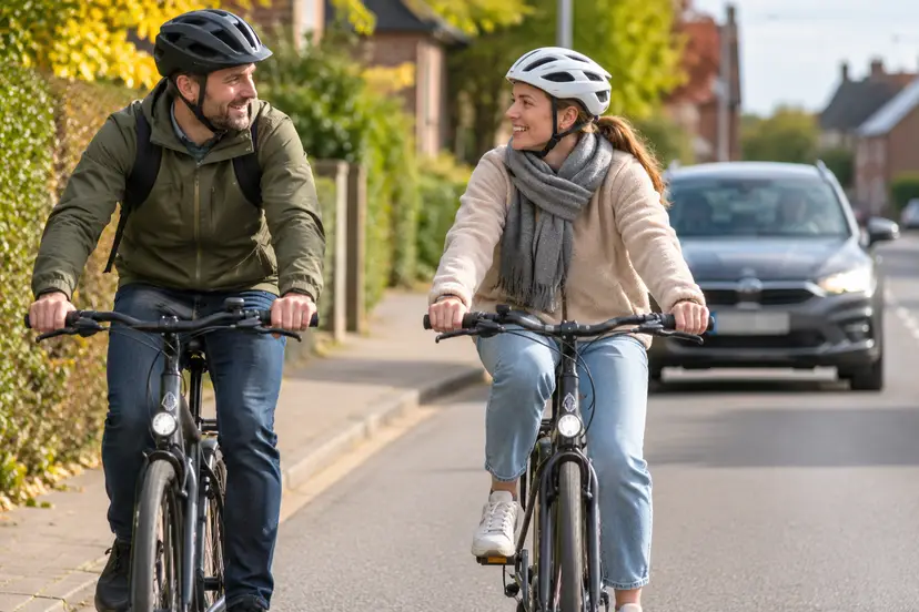 Smiling Cyclists on a Suburban Road