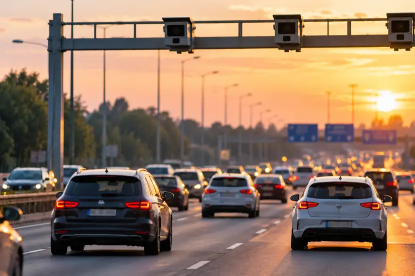 Sunset Traffic Beneath Highway Gantry