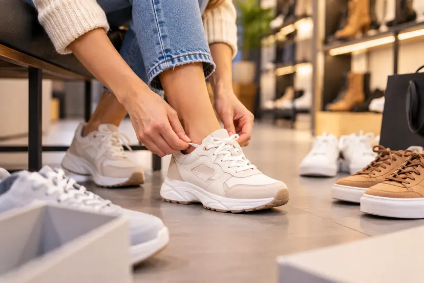 Tying Sneakers in a Cozy Shoe Boutique