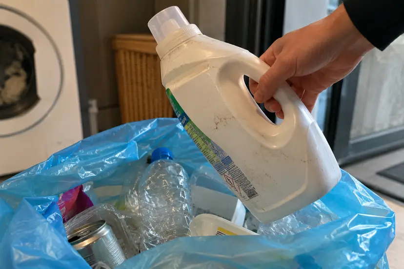 Wasmiddelkan in de recyclingzak