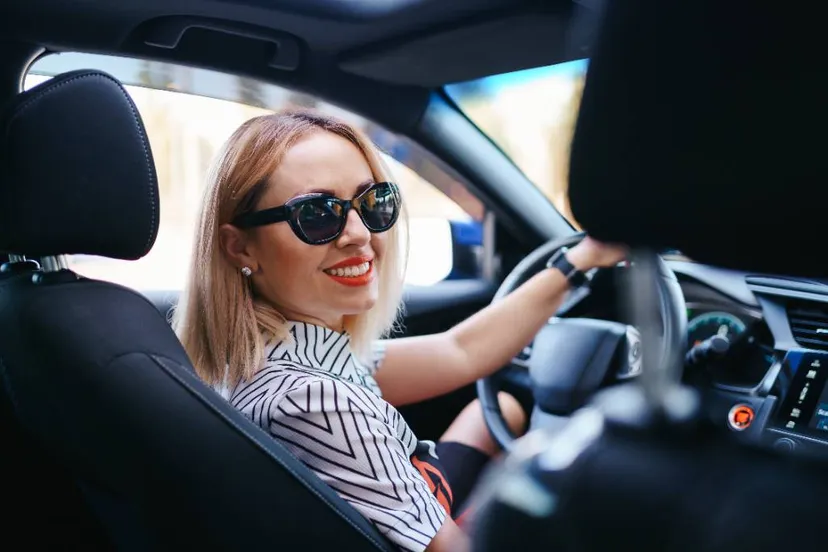 confident beautiful woman sunglasses rear view attractive young female casual wear driving car