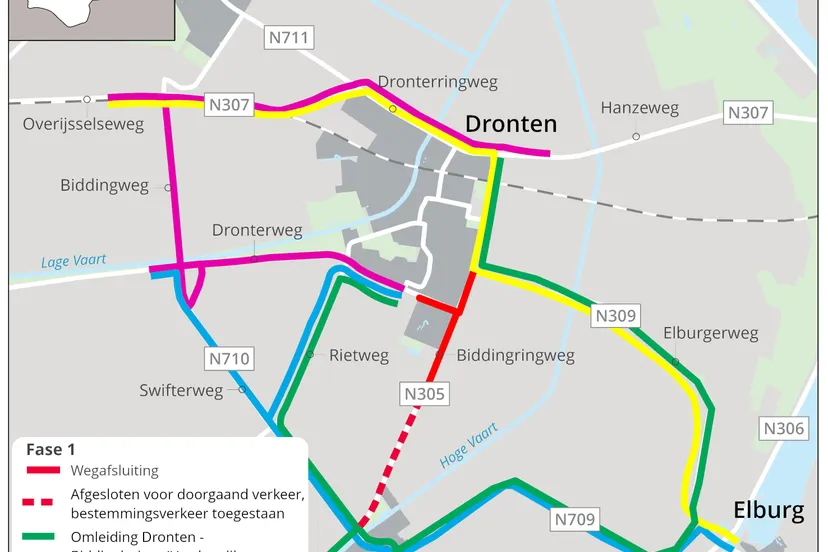 omleidingsroute werkzaamheden fase 1 biddingringweg dronterweg