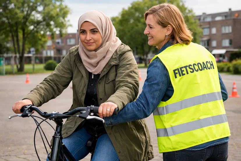 Leren fietsen vrouwelijke fietscoach