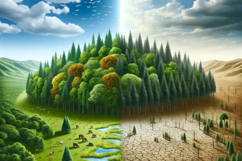 dalle 2023 12 04 145130 a conceptual artwork representing climate change the image features a split scene one half depicts a lush green forest symbolizing a healthy balan