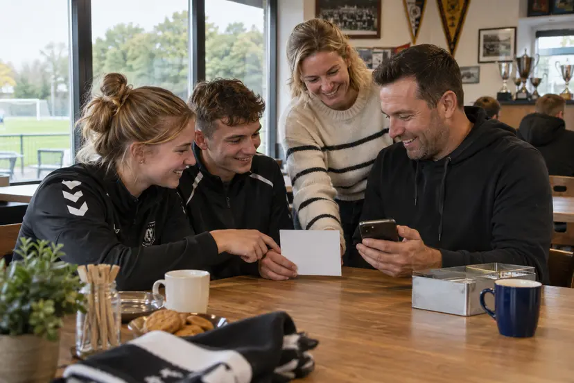 Leden van een vereniging bespreken samen de Grote Clubactie in een clubgebouw