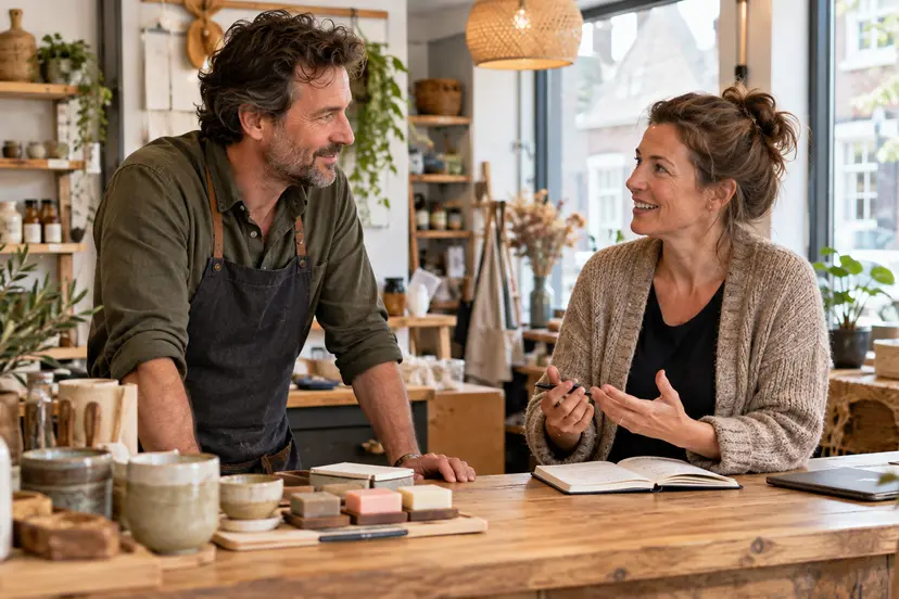 Twee fictieve ondernemers in gesprek in een winkel, AI-illustratie