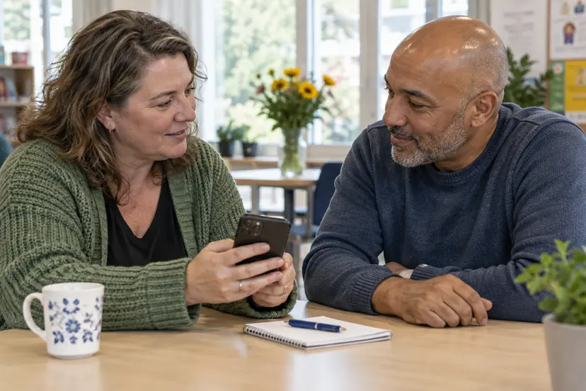 Twee mensen bespreken een bericht op een telefoon, AI-illustratie over toegankelijke communicatie