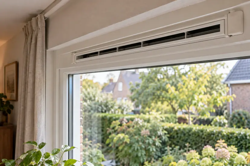 Open ventilatierooster boven een woonkamerraam, AI-illustratie bij ventileren in Nunspeet