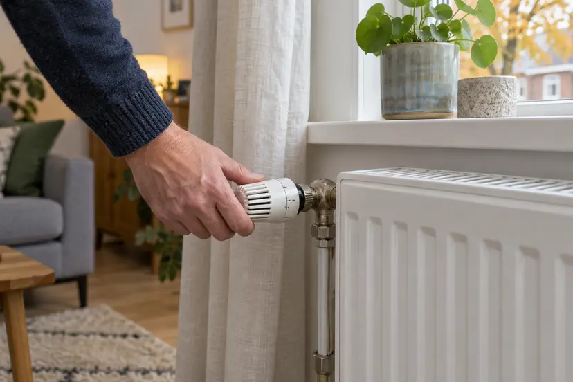 Hand controleert een thermostatische radiatorkraan, AI-illustratie