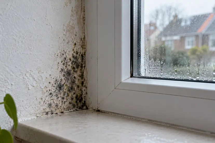 Schimmel bij een raamkozijn met condens op het glas, AI-illustratie
