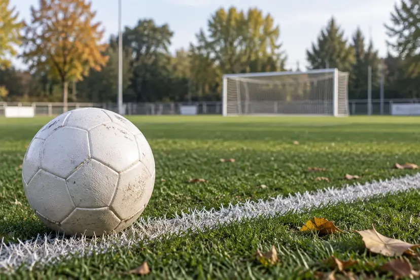 AI-illustratie: voetbal op een leeg amateurvoetbalveld