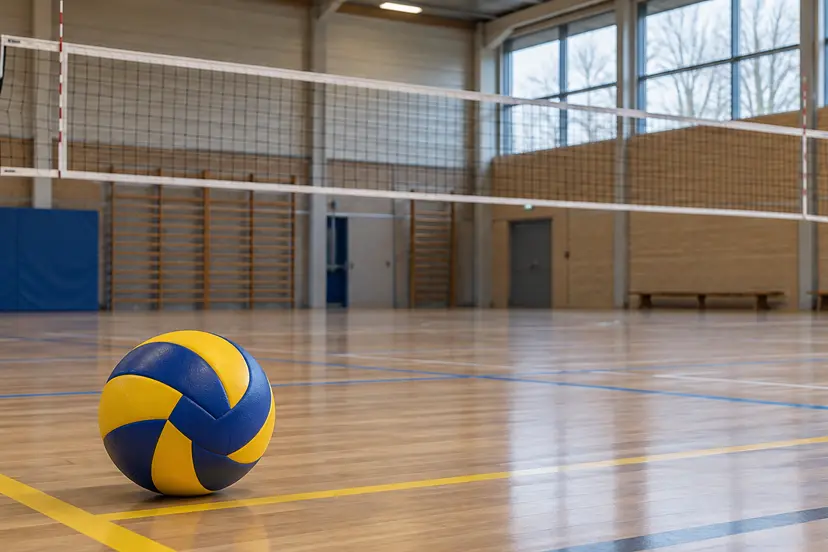 AI-illustratie: volleybal naast een net in een sporthal