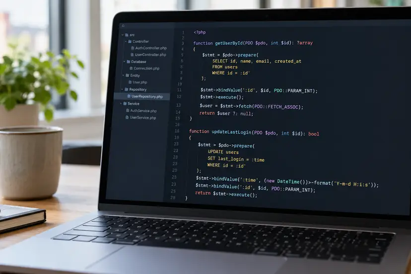 AI-illustratie: laptop met PHP-programmeercode op het scherm