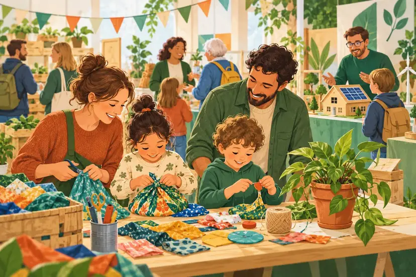 AI-illustratie van een gezin bij een duurzaamheidsfestival met hergebruik van stoffen en groene ideeën.