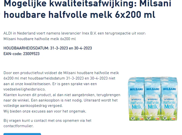 recall aldi inex milsani houdbare halfvolle melk