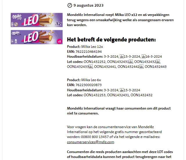 recall milka leo