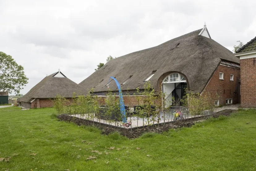 overzicht van de noordgevel van het bedrijfsgedeelte met terras en erfbeplanting groningen 20416054 rce