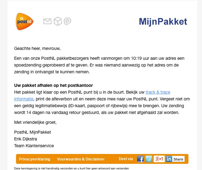 postnl mijnpakketoplichting