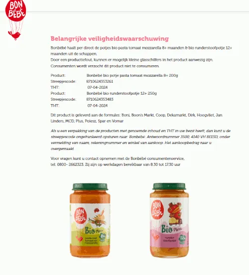 recall bonbebe maaltijdpotjes