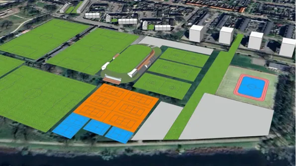 Impressie inrichting van het sportpark