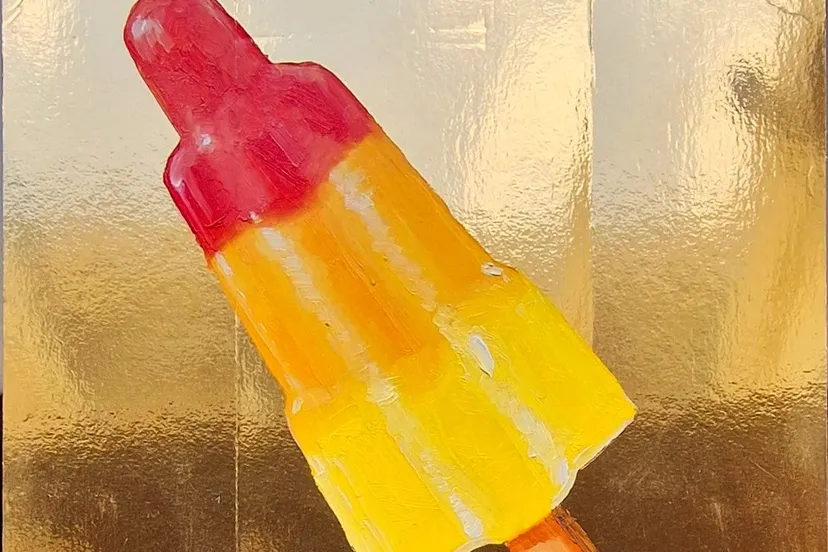 raket ijsje olieverf op goudkleurig karton 17 x 18 cm particuliere collectie