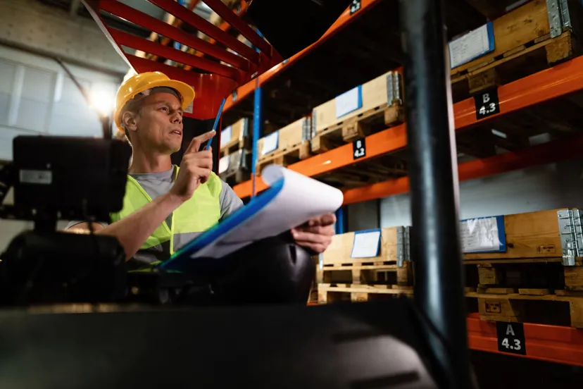 pensive forklift operator examining stock packages shelves warehouse
