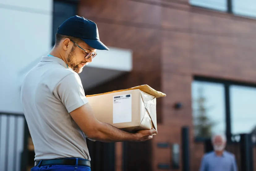 young delivery man carrying package reading address label his customer is standing background