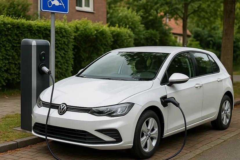 Elektrische auto laadt in de wijk