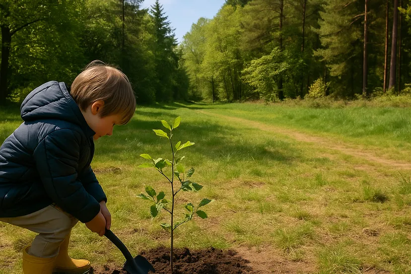Jongen plant boompje in bos