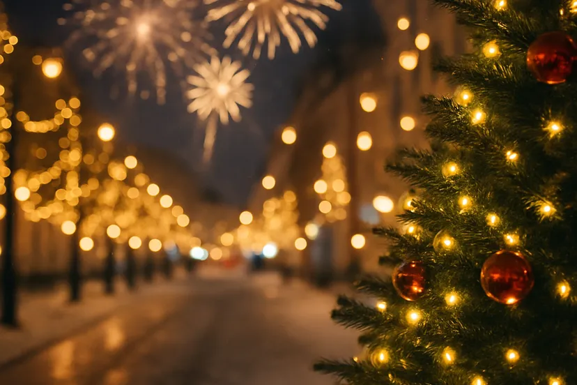 Feestelijke stad bij nacht met vuurwerk