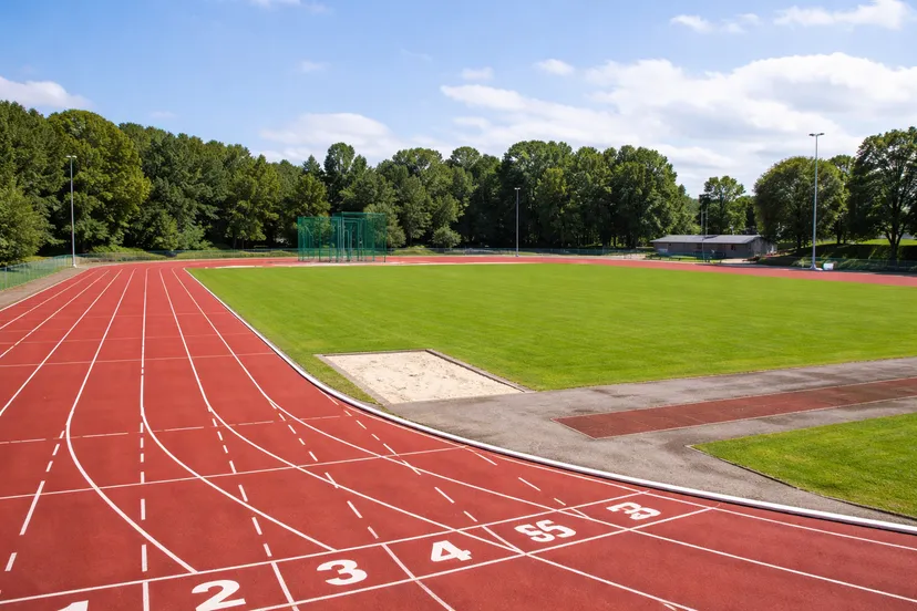 Zonnig atletiekstadion met discuskooi