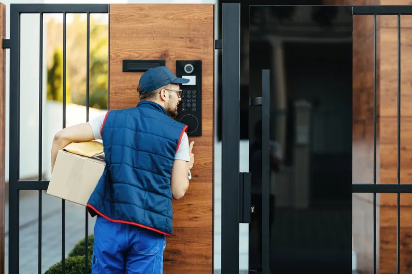 back-view-deliverer-ringing-intercom-gate-customer-s-house-while-delivering-packages
