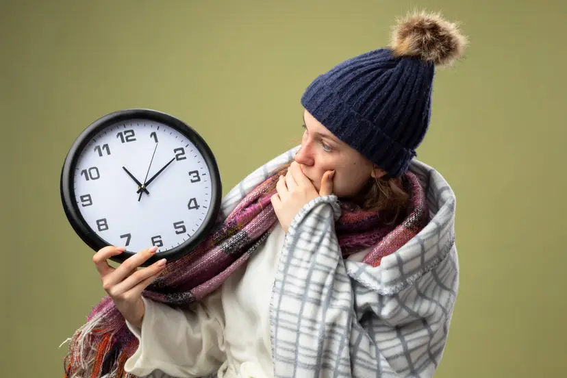 scared-young-ill-girl-wearing-white-robe-winter-hat-with-scarf-holding-looking-wall-clock-wrapped-plaid-isolated-olive-green
