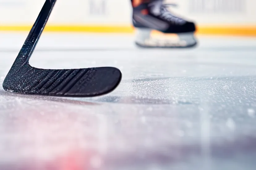 close up van ijshockey stick op ijsbaan in positie om hockey puck te raken