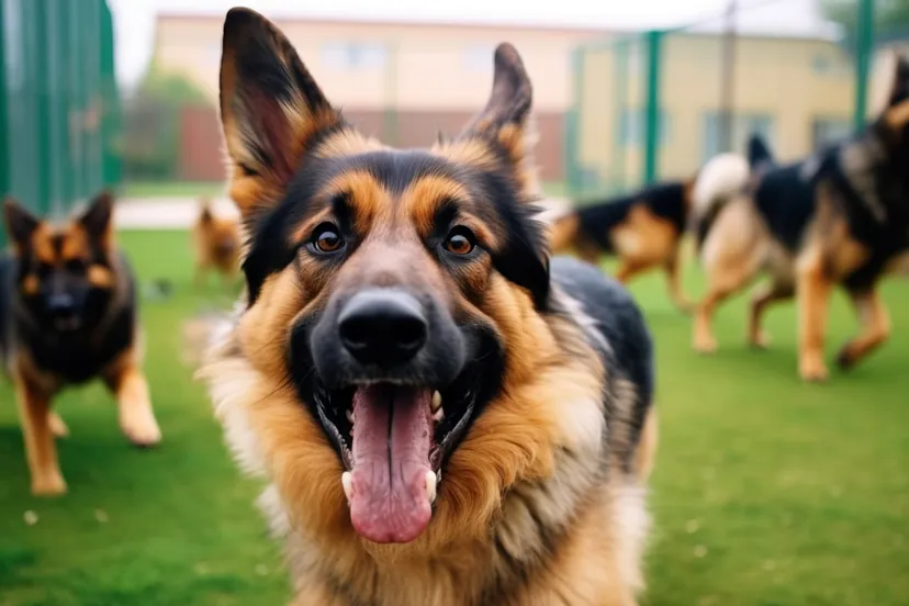 duitse herder speelt met andere honden in een dierenpension