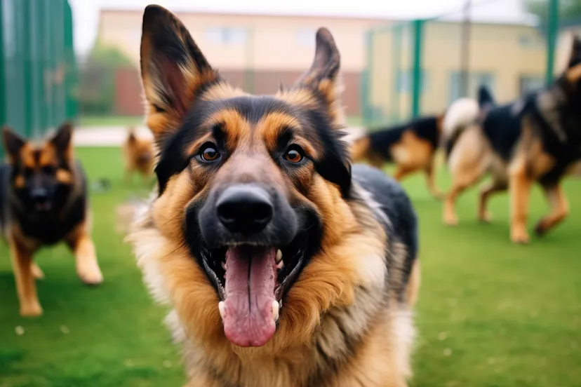 duitse herder speelt met andere honden in een dierenpension