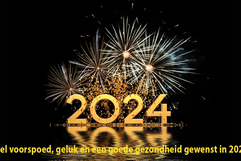 gelukkig nieuwjaar 2024 wenskaart met confetti en vuurwerk