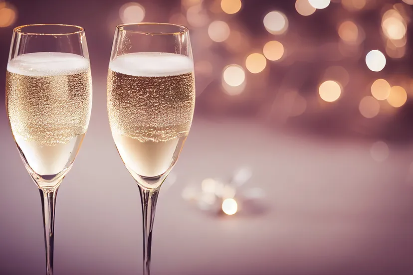 glazen champagne close up met gloeiende bokeh achtergrond nieuwjaar kerstkaart