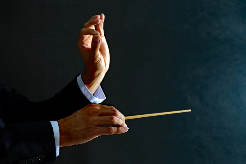 muziek dirigent handen met baton op zwarte achtergrond