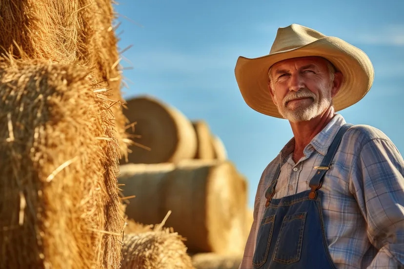 oudere boer strobalen
