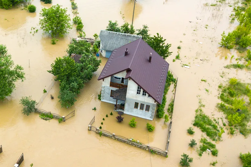 overstroomd huis en groene bomen