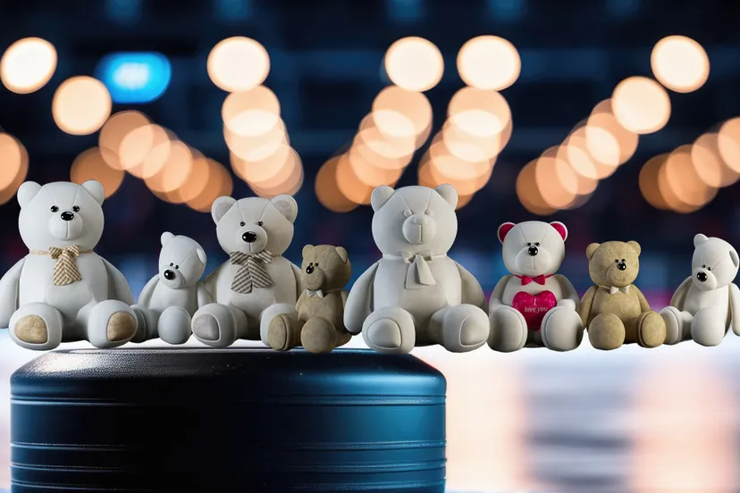 teddyberen en zwarte hockey puck op ijsbaan wazig verlichte nacht indoor sportarena