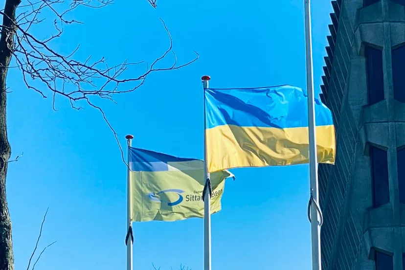 vlag oekraine voor stadhuis sittard geleeen