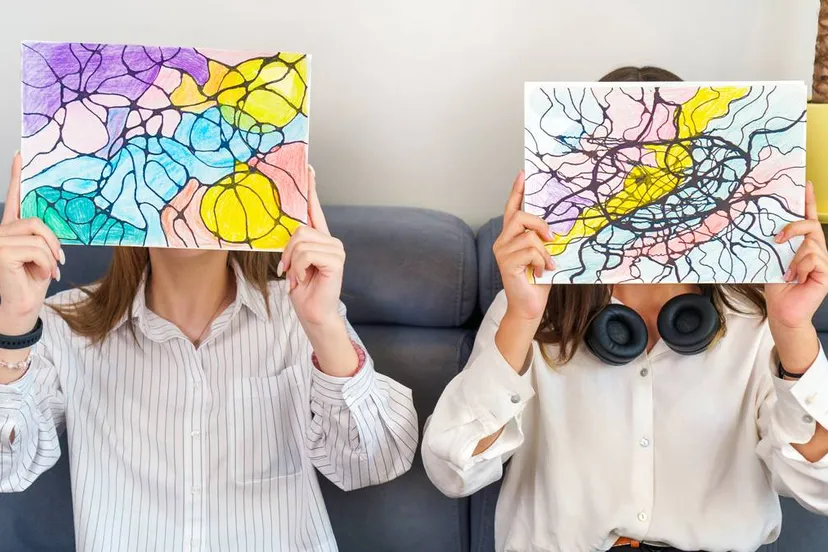 teenage girls holding neurographic drawings faces covered colorful neurography