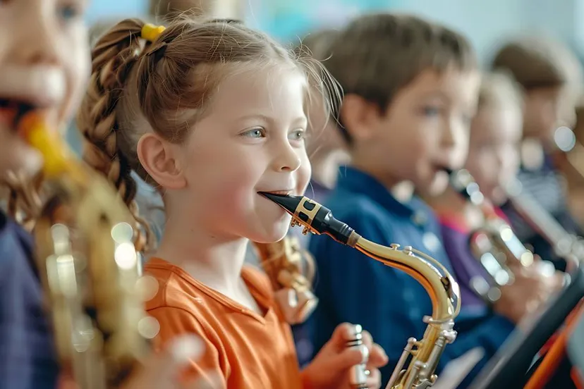 kinderen spelen saxofoon in de klas