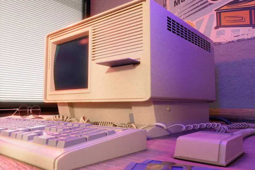 retro computer desk arrangement