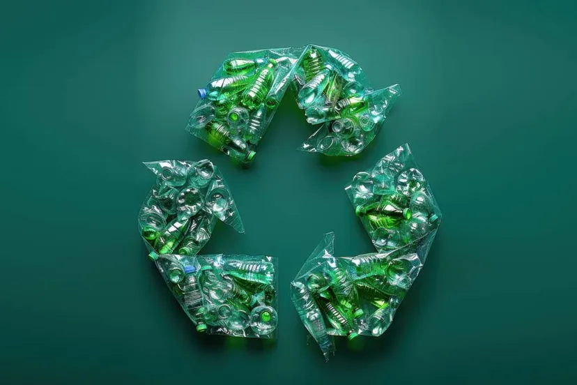 groene plastic flessen vormen een recyclingsymbool op een groene achtergrond