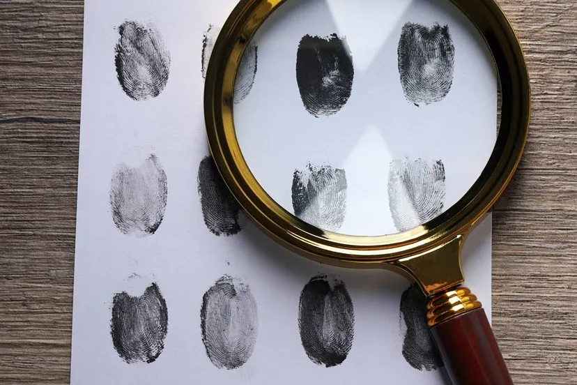vergrootglas met envelop met vingerafdrukken op houten achtergrond